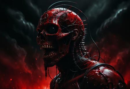 ((Looking back over shoulder)),slimey drool,tiny pupils,minimal, clean wire install, apocalypsecore virus, black plague intrigue, the last smile in red oil paint Wide range of colors., Dramatic,Dynamic,Cinematic,Sharp details Insane quality. Insane resolution. Insane details. Masterpiece. 32k resolution