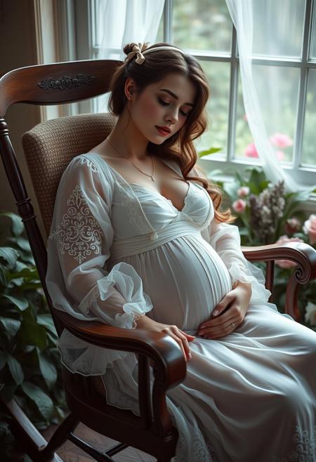 (RAW photo, 8k uhd, Analog style, Masterpiece, Best Quality, Highres:1.3), (dramatic, cinematic:1.2), BREAK,
movie shot of (cute curvy:1.11) young (18yo:1.2) (victorian:1.2) (french:1.15) (pregnant:1.18) girl, (sleeping:1.16) (sitting:1.1) (on rocking chair:1.2), (leaning back:1.26), big breasts, (wide hips:1.11), (ornate:1.25) (white:0.8) (transparent:0.65) (long victorian dress:1.4), (see-through:0.65) (robe:1.1), (hair ribbon:1.31), (long wavy hair:1.16), (closed eyes:1.1), (tilted head:1.26), (blush:1.26), (necklace:1.2), (lowered head:1.25), (pale shiny skin:1.2), (parted lips:1.2), innocent, calm, BREAK,
(overgrown:1.15) (garden:1.15), (colorful flowers:1.2), (red roses:1.31), big (oak trees:1.25), (victorian house:1.35), (mansion:1.25), (gazebo, pergola:1.3), (village:1.1), (pond:1.29) (lilys:1.16), forest, (vines:1.16), (bloom:1.1), (sunny day, blue sky, fluffy cloud:1.26), (godrays, light particles, bright:1.3), (photorealistic:1.2), (fantasy dream, shiny:1.3), (outdoors, light theme:1.3), (retro, vintage:1.4), (intricate:1.3)
