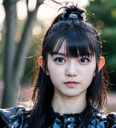 realistic, photorealistic, detailed, beautiful, RAW photo, film grain, (natural lighting :1.2), japanese, woman, raw photo, photo background, long hair, baby metal, suzuka nakamoto,S0zuka23, punk style, black outfit, 20 years old, detailed black eyes,  <lora:S0zuka23:0.95>, bokeh, park,mature