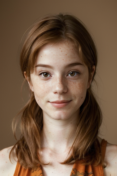 LucaHollestelle, freckles:1.4, long hair, ((slim, fit, lanky, coltish:1.5)), closeup on face, orange paisley dress, looking at viewer, facing viewer, taken with Leica M, 35mm f1.2, Kodachrome film, desert background