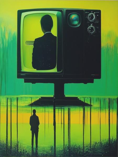 <lyco:PeterDoig:1.0> a figure with hate Indoctrination via looking at a television retrovertigo painting in the style of peter doig, paint drips, in the style of surreal juxtapositions, indonesian art, mirrored, shige's visual aesthetic style, chinapunk, repetitive rephotography. hypnotic, dystopian, unsettling, mesmerizing, horror themed, bleak, high quality, 8k resolution, masterpiece, congruent, amazing, incredible, awe-inspiring, mind-blowing, masterful,