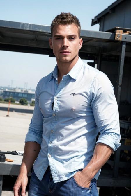 ((masterpiece)), ((best quality:1.2)), High Resolution, 8k, (ultra_realistic:1.3), (photorealistic:1.4), (instagram model, handsome:1.2), sharp focus, a photo of (matthewnoszka), wearing engineer outfit, working construction, outdoors, daytime, ((looking at viewer)), <lora:MatthewNoszkaKM_13:0.8>