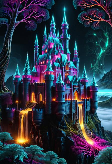 Fractangles, made out of fractangles, surreal castle, old castle, crazyily big castle, massive fortress, surreal castle, massive walls, medieval castle, knight, knight in front of view, knight on cliff looking over castle, transformed by glowing fractal roots, geometric vines wrapping around its structure, futuristic crystal patterns integrated into the metal, bioluminescent details, mystical atmosphere, cinematic lighting, foggy cityscape in the background, ultra-detailed architecture, dreamlike sci-fi fantasy fusion, sharp focus, 8k, fractal-inspired redesign, concept art style, high quality,