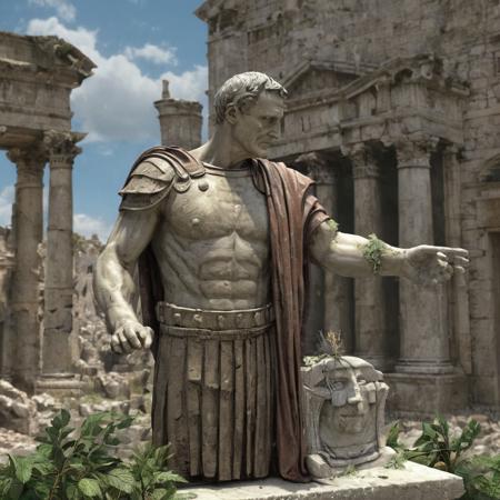 Ruins Reborn,  statue of julius caesar 
Craft a scene showing ancient ruins that have been repurposed into thriving new habitats or ecosystems.
from ai wizard copied by el observador