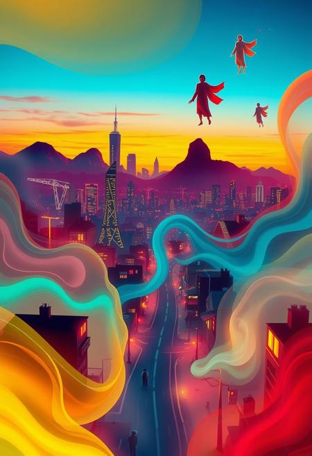 The town features a desolate cityscape with glowing neon lights, abstract flowing shapes merging into the skyline, soft gradients blending between dusk and dawn, and ethereal figures floating in the air, all rendered in a fluid, dreamlike style, emphasizing vibrant colors, motion, and high contrast. The entire composition is vivid and dreamy, evoking a sense of wonder.