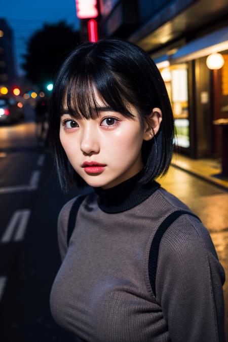 20yo, 8k, RAW portrait of (japanese girl), photo realistic, ultra high res, best quality, real life photo , dramatic, atmospheric, ( at night:1.3),
1girl, solo, a very beautiful japanese girl, glamour shot of girl, textured skin, closed mouth,  (smile:0.7), light pink lips
big beautiful detailed eyes, beautiful detailed nose, black hair, short hair, blunt bangs,
black dress, turtle neck, long skirt, floral print,
<lora:MiKuTanaka_V1>, looking at viewer, posting at street, upper body, from above,