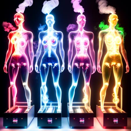 photo, scifi photonic cloning equipment, human bod forms from vibrant (colored glowing smoke:1), hi tech machine rack (photoniccloning style:1)  <lora:djzPhotonicCloning:0.8>