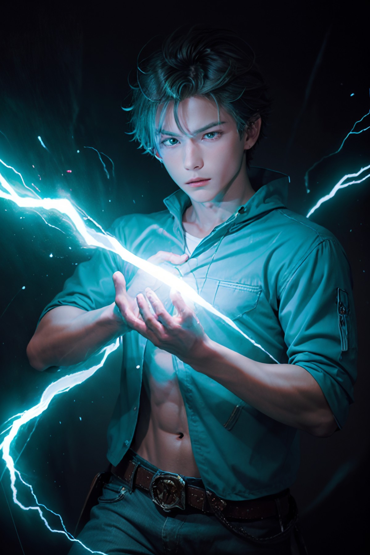 <lora:lightning_v1:0.4>,1boy,cowboy shot,cyan electricity,cyan aura,cyan lightning,condense energy in his hands,