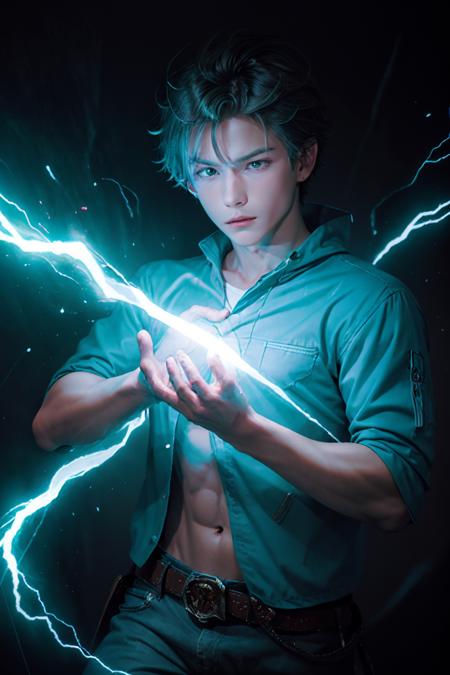 [color]+ electricity [color]+ aura [color] lightning condense energy in his hands energy ball
