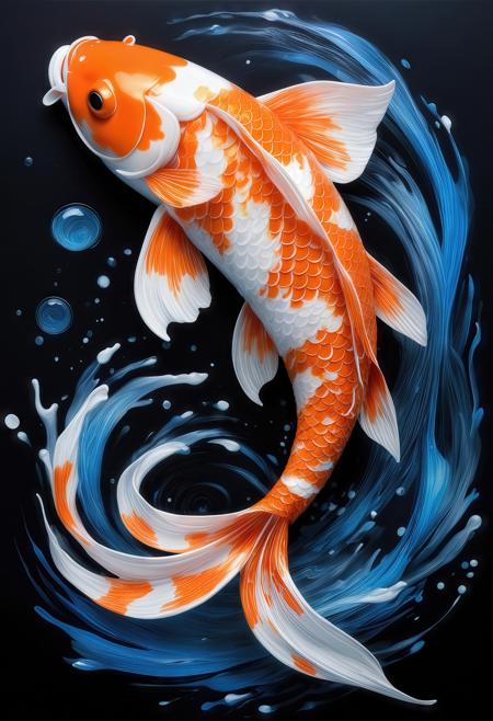 The image features a vibrant koi fish with orange and white scales, set against a black background. The fish's flowing fins and tail are depicted with ethereal, almost flame-like white and blue hues, creating a dynamic, swirling motion. Surrounding the fish are abstract splashes of color and circular light spots, adding a cosmic, dreamy atmosphere to the artwork. The overall style is detailed and artistic, blending realism with fantasy elements.