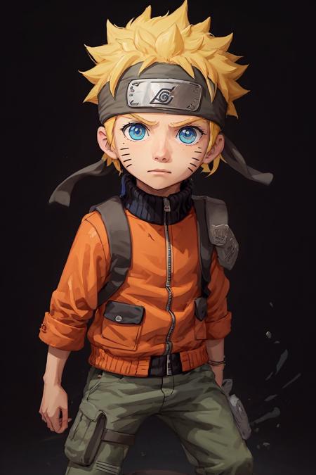 chibinaruto, 1boy, solo, male focus, blue eyes, facial mark, looking at viewer, fighting stance, serious, orange jacket, jacket, closed mouth