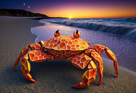 Geometric Transformation, ((crab)) made out of voronoi,  basalt columns, Hagiophobia, beach, ocean, sand, moonlight, dramatic, vibrant colors, vivid colors, Masterpiece, best quality, amazing quality, volumetric lighting, SFW, PG, exquisite detail, digital art, highly detailed, beautiful, surreal, lazypos,