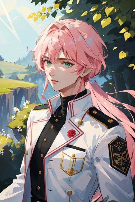 ((masterpiece:1.2, best quality)), 1man, adult, mature, (handsome:1.4), long pink hair, green eyes, uniform, Forest, flowers blooming, glowing, Sunlight, best light and shadow, Scenery, extremely detailed face, upper body, (muscle:1.4, broad shoulders:1.4)