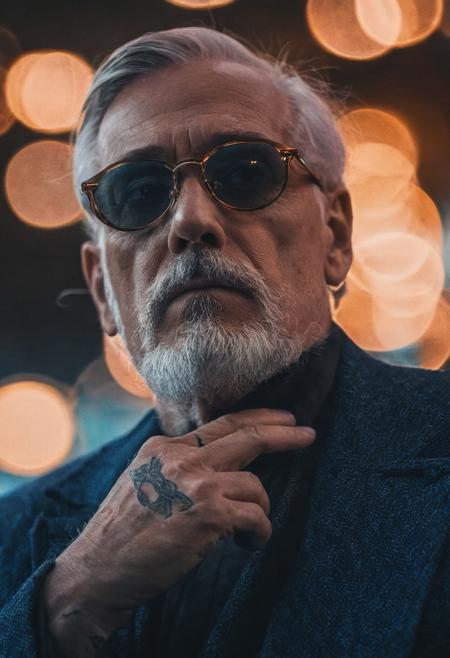 portrait, masterpiece, 4k, ray tracing, intricate details, highly-detailed, hyper-realistic, 8k RAW Editorial Photo.
masterpiece, best quality, amazing quality, very aesthetic, absurdres, newest, scene, smoking, Dandyism, old man, solo, orange eyewear, tattoos, upper body, blue background, (blue monochrome theme), depth of field,
cinematic light, dramatic light, shallow depth of field,  high budget, bokeh, cinemascope, film grain,