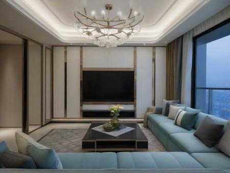 <lora:JJsAffordableLuxury_XL:1>, ((Affordable Luxury)), ((masterpiece)), ((best quality)), scenery, real world location, realistic, high detailed,, soft lighting,  (indoor) , no human,  window, ((sofa)), pillow, table, television, ceiling light, carpet, curtain, chair, flower,