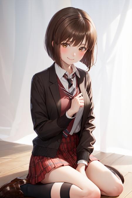 highres, sharp focus, pixiv masterpiece, ((intricate details)), highly detailed, hagiwara_yukiho, 1girl, solo, bob cut, skirt, brown hair, necktie, plaid skirt, smile, school uniform, jacket, short hair, blush, sitting, brown eyes, red skirt, plaid, shirt, white shirt, blazer, pleated skirt, socks, looking at viewer, white background, striped necktie, wariza, kneehighs, black socks, bangs, between legs, hand between legs, long sleeves, simple background, collared shirt, striped, closed mouth, hair between eyes, brown jacket, brown footwear   <lora:Hagiwara Yukiho_Idolmaster:0.8>