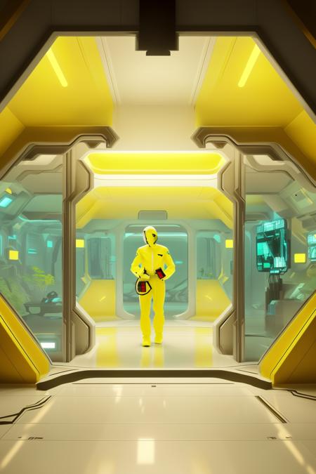 a man in a yellow suit and a woman in a yellow raincoat , a group of people in white suits working on a machine, futuristic_interior ,