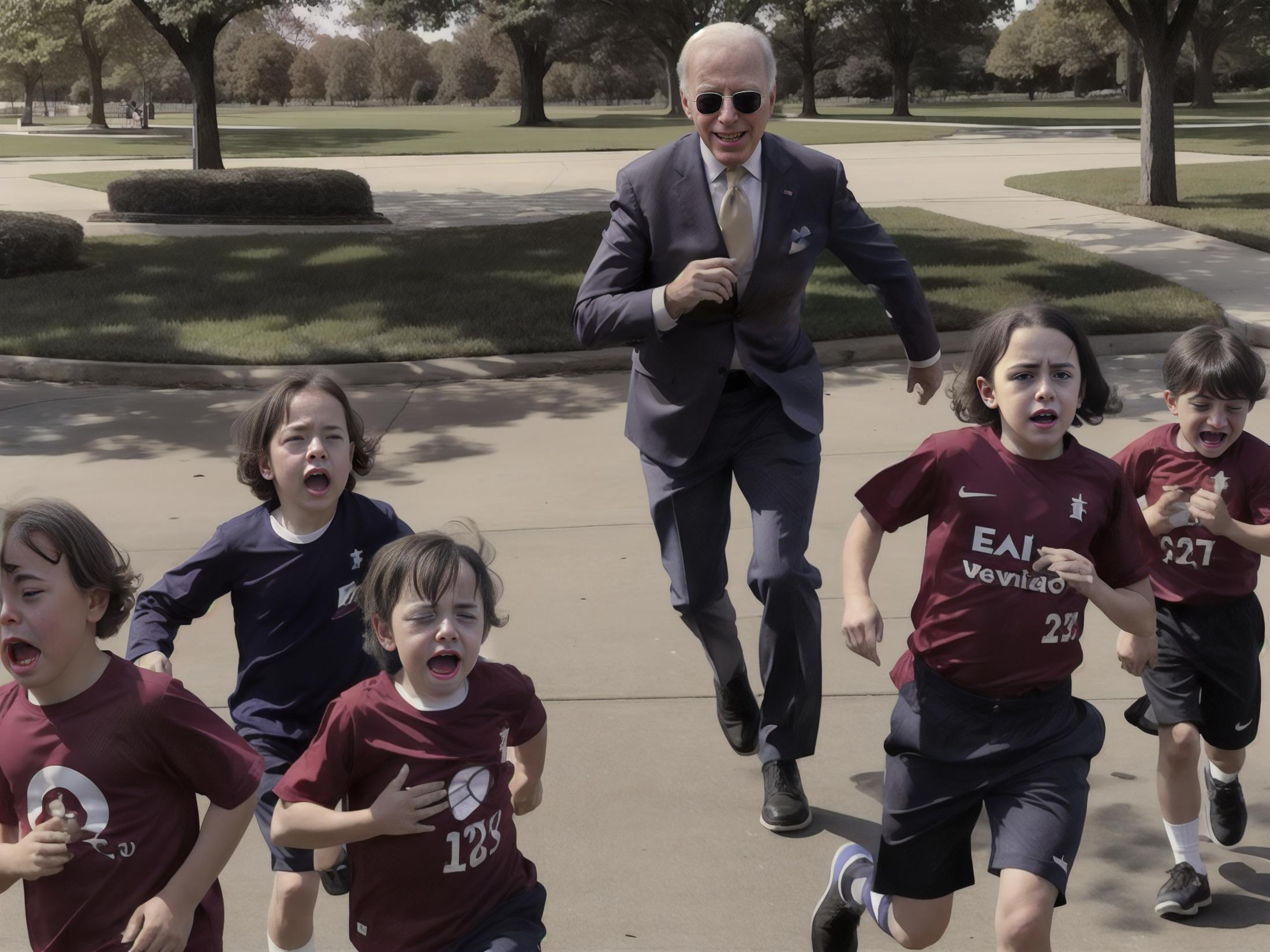 Joe Biden chasing kids in a park, wearing a suit and tie and sunglasses.