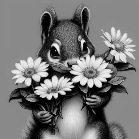 a black and white simple drawing of an adorable little squirrel sitting in flowers., art by smoose2