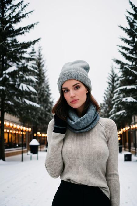 (Busty:1.2) slovenian woman, huge breasts silhouette, in the style of instant film, captivating gaze, looking at the camera, round face, Fujifilm Superia X-TRA 400, color negative film, noise, grain, romantic soft focus and ethereal light, --ar 3:2, beanie, full lips, tight wool sweater, scarf, winter day, town square with pinetrees background