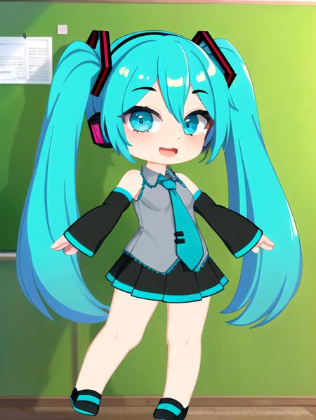 ((masterpiece, high quality, absurdres:1.2)),
1girl, full body, smile, open mouth, looking at viewer,
<lora:hatsunemiku1:0.8> mikudef,
classroom, 
<lora:Gacha_Style-10:1> gachastyle, chibi