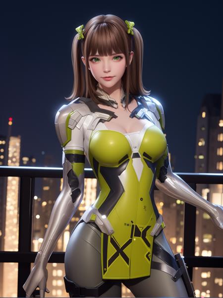 CFqingyaLHWZ, 1girl, solo, brown hair, green eyes, breasts, bodysuit,looking at viewer, lips, medium breasts, twintails, bangs,thigh holster,hair bow, <lora:CFqingyaLHWZ:0.75>,cityscape, night, mature female,