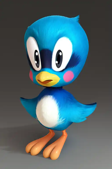Flicky, blue bird, blue fur, yellow beak, yellow legs, tail feathers