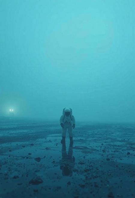 A lone astronaut stands still in a vast, fog-drenched landscape. The entire world is bathed in a soft, royal blue mist, glowing gently under a dreamy, diffused light. Every surface—wet ground, scattered stones, distant structures—is captured in crisp 4K detail, giving the moment an almost hyperreal clarity.
Around him, tiny glowing particles float slowly through the air, like frozen stars drifting close to Earth. The fog is thick but elegant, wrapping the scene in silence and mystery. Reflections shimmer faintly beneath the astronaut’s boots.
He doesn’t move. There’s no urgency—just that heavy, beautiful stillness.
The mood is melancholic, but not dark. It’s the kind of sadness that feels calm, even comforting, like the quiet after a storm.
This isn't just a scene. It's a frozen emotion—loneliness, awe, and peace, suspended in space and time.