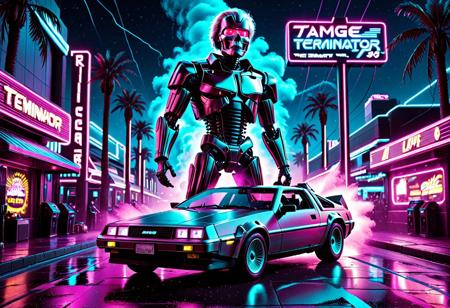 masterpiece, best quality, golden ratio, movie poster style, fantasy photograph, highly detailed and hyper realistic, Ultrarealistic, sharp focus, dynamic lighting, synthworld, retro, synthwave, Neon-soaked 1980s highway at midnight. The Terminator Model 101 (from the terminator movie in iconic leather jacket and red-glowing eyes) stands firmly in the path of a hovering DeLorean, his metal hand crushing the car's front grill. The time machine's flux capacitor pulses violently, casting electric blue light across the wet asphalt. Behind them: a towering neon diner sign reading "TECH-NOIR 88", palm trees with pink holographic leaves, and a crashed arcade cabinet spewing pixelated smoke. The Terminator's exposed endoskeleton jaw clenches as digital readouts scroll across his vision: "TARGET ACQUIRED: EMMETT BROWN". Synthwave color scheme: hot magenta, cyan, and chrome with VHS scanlines. Style: Ultra-detailed cinematic hybrid of 'The Terminator' and 'Back to the Future' with exaggerated 80s aesthetics.