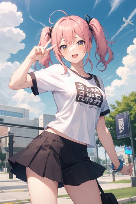 1girl, cowboy shot, standing, park, nature, twintails, t-shirt, skirt, short sleeves, outdoors, peace sign