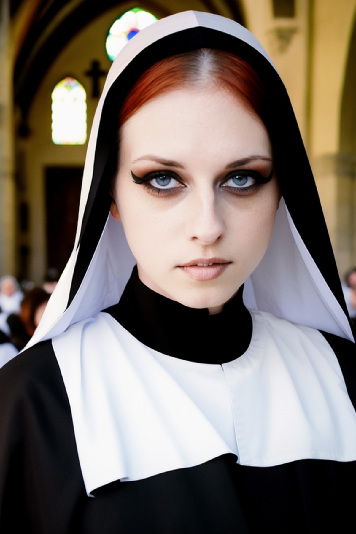 a RAW photo, portrait of lizvicious, wearing nun outfit, church <lora:LizVicious:1>