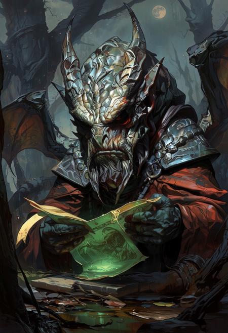 boris vallejo style, frank frazetta style, 8k high quality digital painting, masterpiece, very detailed, ultra realistic, best quality very detailed epic masterpiece, detailed face, full body, wrinkly wizard dragon reading an ancient scroll in a swamp, best quality, epic scene, Dungeons and dragons atmosphere, heroic fantasy, realistic, realism, full body
