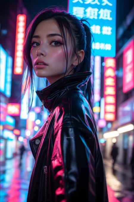 Cyberpunk,1girl,solo,long hair,blurry,neon lights,looking at viewer,(cyberpunk:1.4),black hair,blurry background,upper body,depth of field,science fiction,jacket,outdoors,black eyes,
1girl,best quality,masterpiece,illustration,an extremely delicate and beautiful,CG,unity,8k wallpaper,(((realistic))),Amazing,finely detail,masterpiece,official art,extremely detailed CG unity 8k wallpaper,incredibly absurdres,huge filesize,ultra-detailed,highres,extremely detailed,beautiful detailed girl,<lora:Cyberpunk_20240131072835:0.8>,