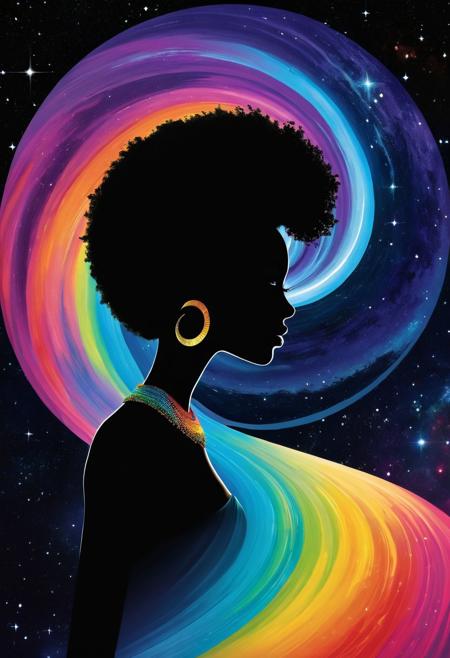Silhouette de Monica Dallas  de face avec un fond de couleur arc-en-ciel dans la galaxie céleste avec des nébuleuses tourbillonnantes, african, concept art, artwork, 50% Visible