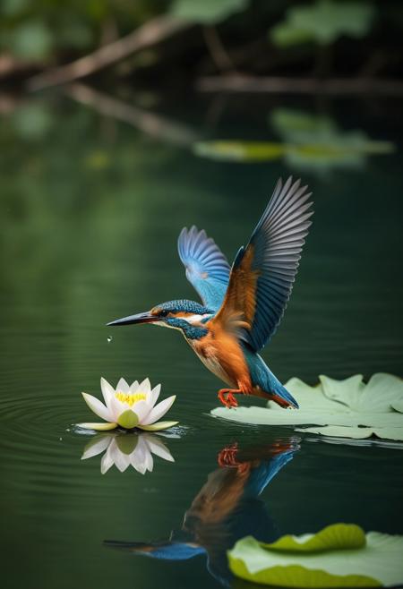 Kingfisher bird diving into the water of a lake, very realistic photography, forest background and lotus flowers