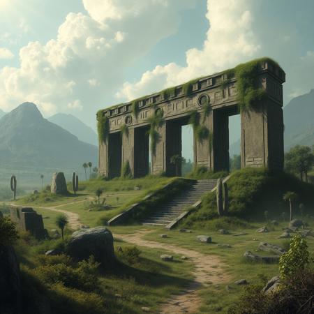 1000bc. An ancient monolithic structure sits inactive and overgrown after millennia of inactivity. Ruins, buried roads, remnants of derelict buildings dot the landscape, overgrown and desolate. The landscape around it is covered in alien wildlife and flora.