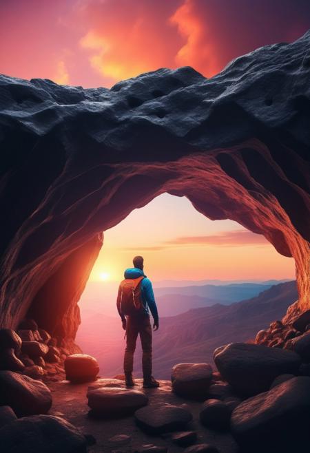 photograph Dramatic View of Adventurous Man standing inside a rocky and rugged cave looking over the Mountain Landscape. 3d Rendering. Colorful Sunrise Sky. Adventure Concept Artwork