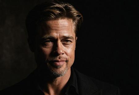 Close-up, (brad pitt), grim smile, relaxed pose, portrait movie shot, serious, menacing, chiaroscuro style photo, dark background, minimalism, dramatic lighting, professional quality, dull highlights and shadows, natural and   original, laser eyes