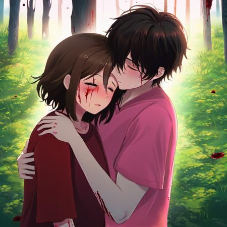 a young woman hugging a man in a forest. The woman has long, curly hair and is wearing a red hoodie and black leggings. The man has short, dark hair and is wearing a black t-shirt. The background is a forest with tall trees and bushes. The sky is cloudy and there is a faint rainbow in the distance. The mood of the image is romantic and emotional, masterpiece, best quality, cinematic composition, best lighting, tears, crying, brown hair, long hair, (blood), 1girl, hat, 1boy, tree, hug, shirt, short sleeves, grass, outdoors, (blood on clothes), cloud, crying with eyes open, short hair, (comforting, pink shirt, blood on face, scars, bruise)