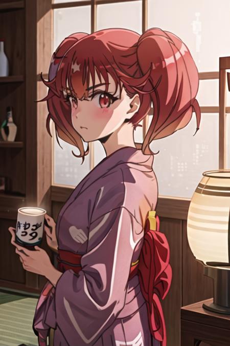 best quality, masterpiece, highres, solo, {yukata:1.40}, {kimono:1.20}, {sakurabakoma_edomaeelf:1.15}, red_hair, twintails, red_eyes, ribbon, neck_ribbon, bangs, red_ribbon, blush