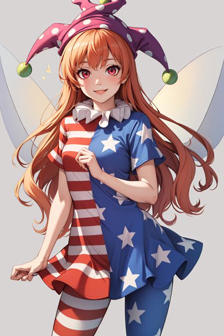 clownpiece jester cap polka dot american flag dress neck ruff short sleeves american flag legwear pantyhose fairy wings star \(symbol\)