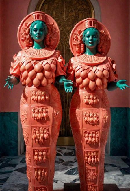 A waist up extremely erotic photograph, two sexy busty horny, temple priestesses l, are eating a watermelon, in the brand new shiney colorfully painted, futuristic sacred temple of Artemis. 1970s Brazilian Tropicalia retrofuturism, Leica M3, 50mm lens, technicolor