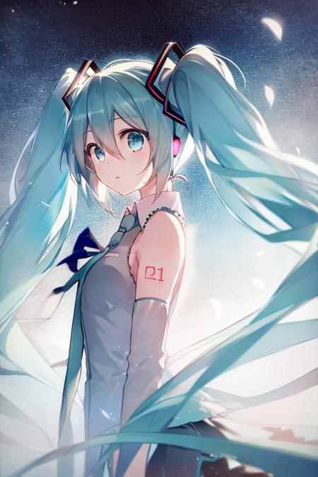 1girl,hatsune miku, aqua eyes,  <lora:rella-style-000010:1>