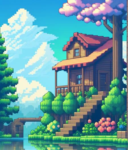 pixel art, tree, outdoors, cloud, no humans, scenery, water, day, sky, house, grass, nature, window, blue sky, building, reflection, forest, stairs, bird, bush, flower, door, plant
<lora:sdxl_pixel:0.65>