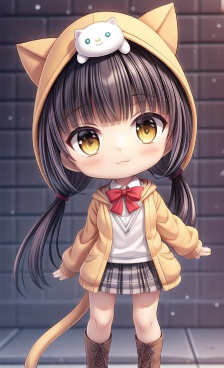 masterpiece, (best quality:1.3), Amazing, beautiful detailed eyes, 1girl, solo, finely detail,depth_of_field, extremely detailed CG unity 8k wallpaper,  (upper_body), (arms_behind_back), skirt, hood, long hair, animal hood, black hair, plaid, on head, full body, pleated skirt, animal on head, plaid skirt, cat hood, yellow eyes, school uniform, cardigan, twintails, low twintails, socks, shirt, bow, cat tail, bowtie, open clothes, hair over shoulder, white shirt, miniskirt, bangs, red bow, black socks, red bowtie, cat, hoodie, hood up, (cat on head), brown eyes, jacket, tail, cross-laced footwear, brown footwear, boots, lace-up boots,
<lora:add_detail:1> <lora:blindbox_v1_mix:1> full body, chibi,