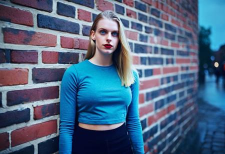 HaleyH, PA7_Photo, Street photography, Gorgeous, 19 year old woman, Long blond hair, Straight hair, blue eyes, Heart-shaped red  lips,, , Medium breasts,wearing a cropped shirt, tight leggings,  Dimly lit, Rainbows, Blue hour, Heavy rain, Brick wall background, Fujifilm GFX 100S, 100mm prime lens, Point of view shot, BREAK PA7_Portrait-ECU, Straight-on angle, Lomochrome, Color filter, (((PA7_Human-Likeness)))
<lora:add_detail:0.5>