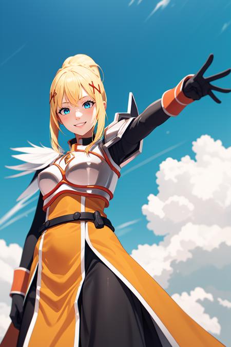 1girl, solo, (lalatina:1.2),
blonde hair, ponytail, x hair ornament,
blue eyes, looking at viewer,
smile, dot nose,
armor, breastplate, pauldrons, bracers, (faulds:1.2), orange battleskirt, battleskirt, pelvic curtain, black gloves,
standing,
outdoors, nature, blue sky, clouds, from below,
 <lora:Lalatina - Konosuba v1.1:1>