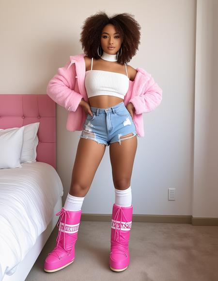 young slim afro american beautyfull woman,slim waist, big boobs, white crop top, distressed denim shorts, pink belt, pink knee-high socks, pink moonboots, pink earmuffs, hotel room, modern decor, seductive pose, fashion statement, indoor setting