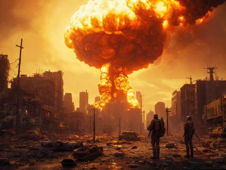 one large illuminated nuclear blast with shockwave by emb-nuke2 in the distance,photo of a filthy post-apocalyptic street, burned-out buildings,abandoned cars, trash on the sidewalk
(highly detailed:1.2),(best quality:1.2),(8k:1.2),sharp focus,(subsurface scattering:1.1),award-winning photograph,professional portrait photography
(very detailed background:1.2),dramatic lighting,35mm,detailed concept art