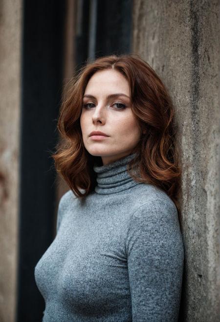 ((full body)), massive wavy auburn hair, (melancholic),((daydreaming)), unkempt, (wide cheekbones), (round face), (professional magazine cover photo), (skin moles), (skin pores), (ecstasy), (arousement),(), (),(cinematic), bokeh, curvy 38 years old sturdy semetic woman, leaning old dirty cracked concrete wall in narrow alley, dark primed wall, strong eyebrows, wide cheekbones, big black eyes, cozy body tight turtleneck pullover, open lips , vierra <lora:Vierra_epoch_6:0.5>,